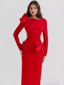 Red long sleeve bodycon dress with oversized bows and side waist cut-outs
