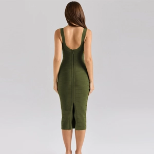 Detailed back view of olive green midi bandage dress featuring back slit and zipper