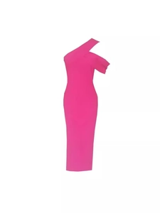 Hot pink one-shoulder bodycon midi dress with elegant side slit for party events