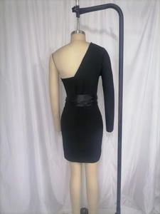 Elegant black one-shoulder mini bandage dress with long sleeve and decorative waist belt