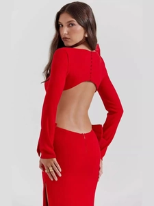 Elegant red backless long-sleeve bandage party dress with a large bow detail for women