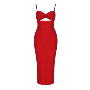 Close-up of red bodycon bandage dress featuring a bow detail and chest cutout design