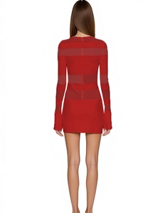 Rear view detail of red mesh bodycon mini dress showing striped pattern and zip closure