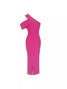 Elegant one shoulder rose red bodycon midi dress with side slit and pleated detail