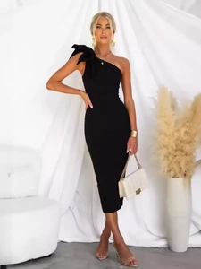 Elegant black one-shoulder bodycon bandage dress with oversized bow detail on shoulder