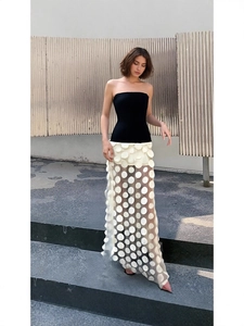 Sleeveless black bandeau maxi dress with white floral lace mesh skirt on model