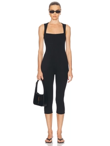 Tuta Intera Donna Sexy Scollo Quadrato Senza Maniche Maglia a Costine Vestibilità Aderente Elasticizzata Bodycon Nero Capri