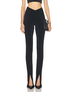 Women Black High Waist Flare Pants V-Shaped Cross Waistband Front Slit Hem Slim Fit Elastic Streetwear Fashion Trousers