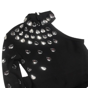 Elegant one-shoulder black long dress with sparkling teardrop rhinestones and high neck