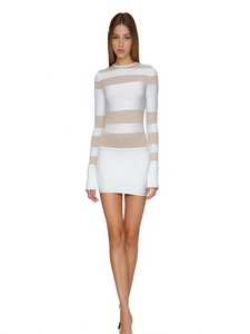 Women's tight-fitting long sleeve mini dress with white and beige horizontal stripes