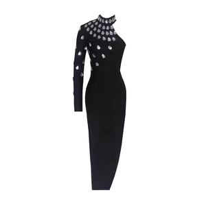 One-shoulder black bandage dress with sparkling silver teardrop rhinestones on the bodice