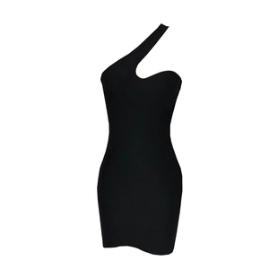 Detail of the irregular one shoulder neckline on this black bodycon mini party dress