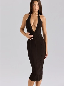 Abito Midi da Donna Sexy con Scollo a V Profondo Schiena Scoperta Halter Bodycon Bandage Elegante Senza Maniche Tinta Unita Festa