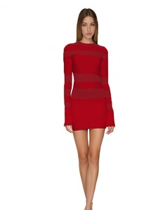 Women's red sheer mesh striped bodycon mini dress with long sleeves and crew neck