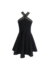 Robe de soirée élégante à licou noir avec découpe en maille et jupe évasée de ligne A