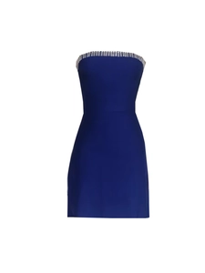 Elegant royal blue strapless bodycon party dress with silver beaded fringe trim