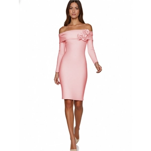 Elegant Off Shoulder Flower Bodycon Midi Dress Long Sleeve Formal Celebration Birthday Party Bodycon Dress For Women