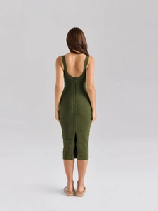 Olive green backless midi bandage dress with rear zipper and elegant slit detail