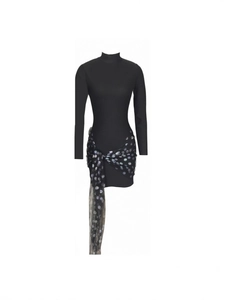 Slim fit black long sleeve mini dress with polka dot sheer mesh sash and high neck