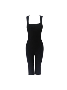 Tuta nera da donna con scollo quadrato elastica e pantaloncini stile ciclista sportivo