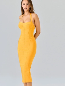 Sexy Neckholder Rückenfrei Bandage Midi Kleid Für Damen Slim Fit Ärmellos Bodycon Party Abendkleid Gelb Schlitz Rückseite Kleid