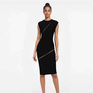 Elegant Hollow Out Shoulder Bodycon Midi Dress For Women Sexy Banquet Party Sleeveless Stretch Bandage Slim Fit Dress Black