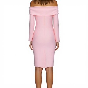 Elegant off-the-shoulder long sleeve midi dress in light pink with a slim fit bodycon silhouette
