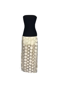 Elegant strapless bandage dress featuring black bodice and white 3D floral lace skirt