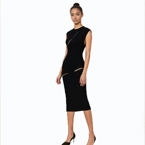 Elegant black sleeveless bodycon dress with diagonal gold eyelet metal strap details