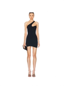 Black one-shoulder bodycon mini dress with asymmetric cutout neckline for party wear