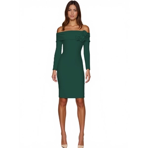 Deep green off-shoulder bandage dress with long sleeves and 3D floral detail for party