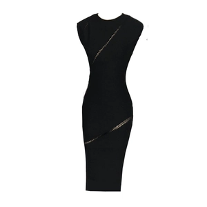 Elegant black bodycon midi dress featuring diagonal mesh cutouts and sleeveless design