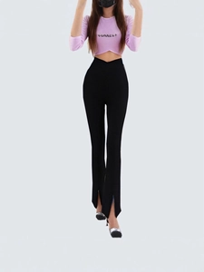 Women's black high waist stretch flare trousers with V-cross waist and front slit detail