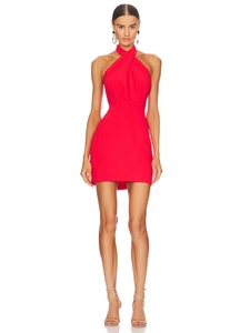 Robe Mini Femme Sexy Rouge Col Halter Croisé Dos Nu Plissé Moulant Fête Boîte de Nuit Sans Manches Couleur Unie