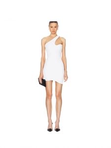 Sleeveless white one-shoulder stretch mini bandage party dress with asymmetrical cutout