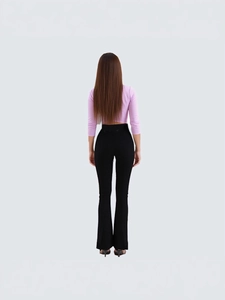 Women's tight high waist black flared trousers and pink long sleeve crop top set