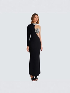 Abito da Donna Sexy Monospalla con Ritagli e Strass a Sirena Lungo Elegante Asimmetrico Manica Lunga Aderente per Festa