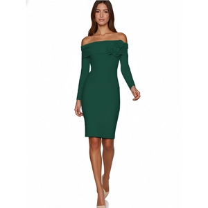 Detail of off-the-shoulder dark green bodycon dress with pleated neckline and long sleeves