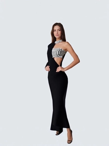 Elegante abito da sera monospalla con paillettes e ritaglio laterale in vita
