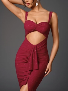 Detail of the sparkling sequins and hollowed waist on this wine red mesh formal dress