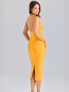Orangefarbenes rückenfreies Halter-Bandagenkleid mit schmaler Passform und Knielänge