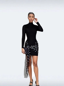 Elegant black long sleeve bodycon dress with polka dot sheer mesh sash detail