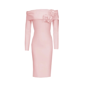 Pink off-shoulder bandage dress with 3D floral accents and elegant long sleeves for parties