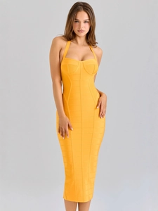 Helles gelbes Neckholder-Bandage-Midikleid mit Rüschen und enger Passform für Partys