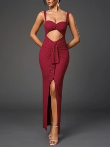 Deep burgundy mesh dress featuring silver glitter, waist cut-outs and a high leg slit detail