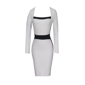 Elegante abito a bende a maniche lunghe con scollo quadrato e contrasto bianco nero