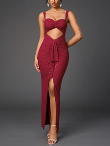 Detailed close-up of sequined burgundy dress featuring ruffles and a sexy high slit