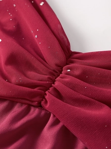 Macro detail of wine red mesh dress with silver sequins and central ruching design