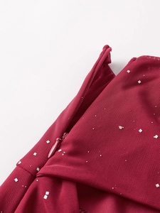 Detail of hidden zipper on wine red sequin mesh dress with shimmering silver flecks