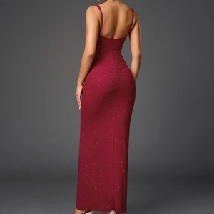 Sparkly wine red sequin evening dress with thin straps and ruched back detail